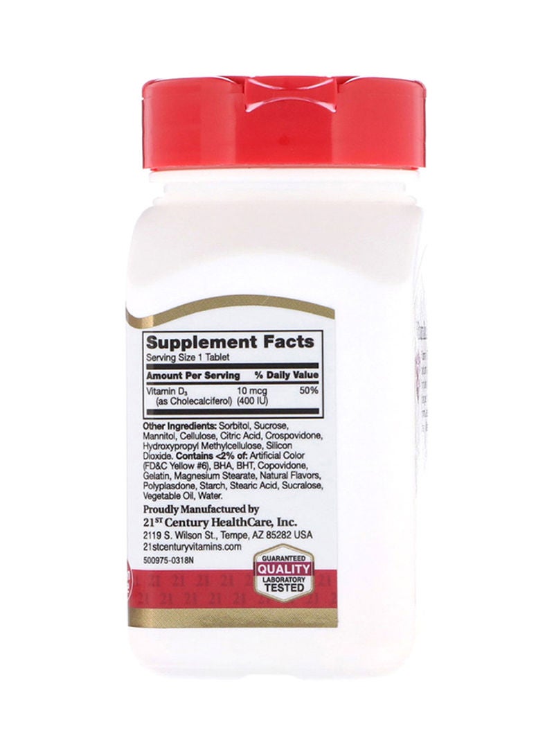 القرن الحادي والعشرون مكمل غذائي قابل للمضغ بفيتامين D3 يحتوي على 400 وحدة دولية - 110 أقراص - Image 2